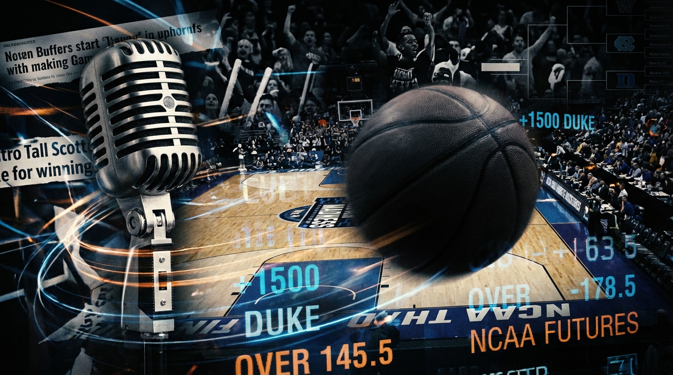 A basketball in motion overlaid with digital betting odds and a broadcast microphone representing sports media coverage