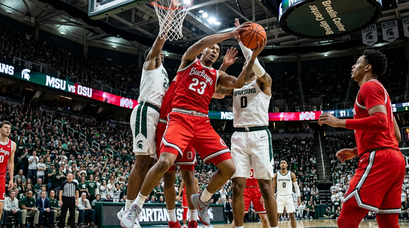 Ohio State and Michigan State basketball players competing for a rebound during a tense game inside the Breslin Center.