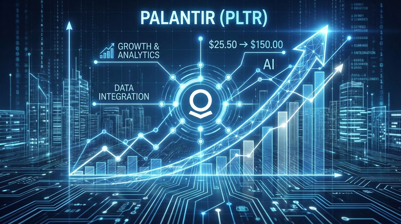 Digital financial chart displaying stock market trends with data visualization elements representing Palantir stock analysis