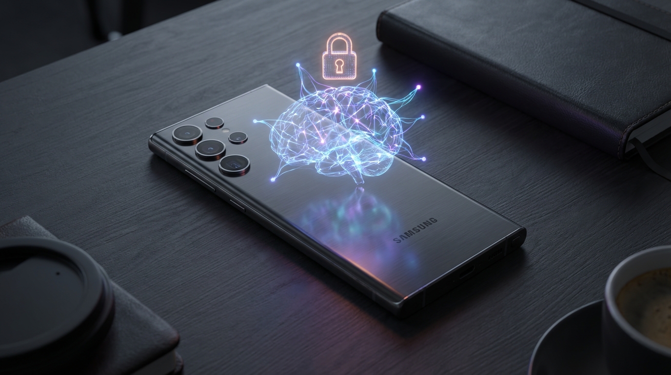 Concept render of a Samsung Galaxy S26 Ultra smartphone displaying a holographic AI interface with a digital padlock symbol.