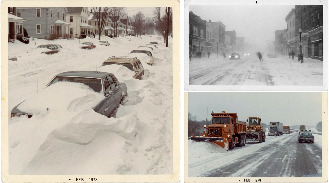 Archival-style photograph showing cars completely buried in deep snow on a highway during a massive winter storm.