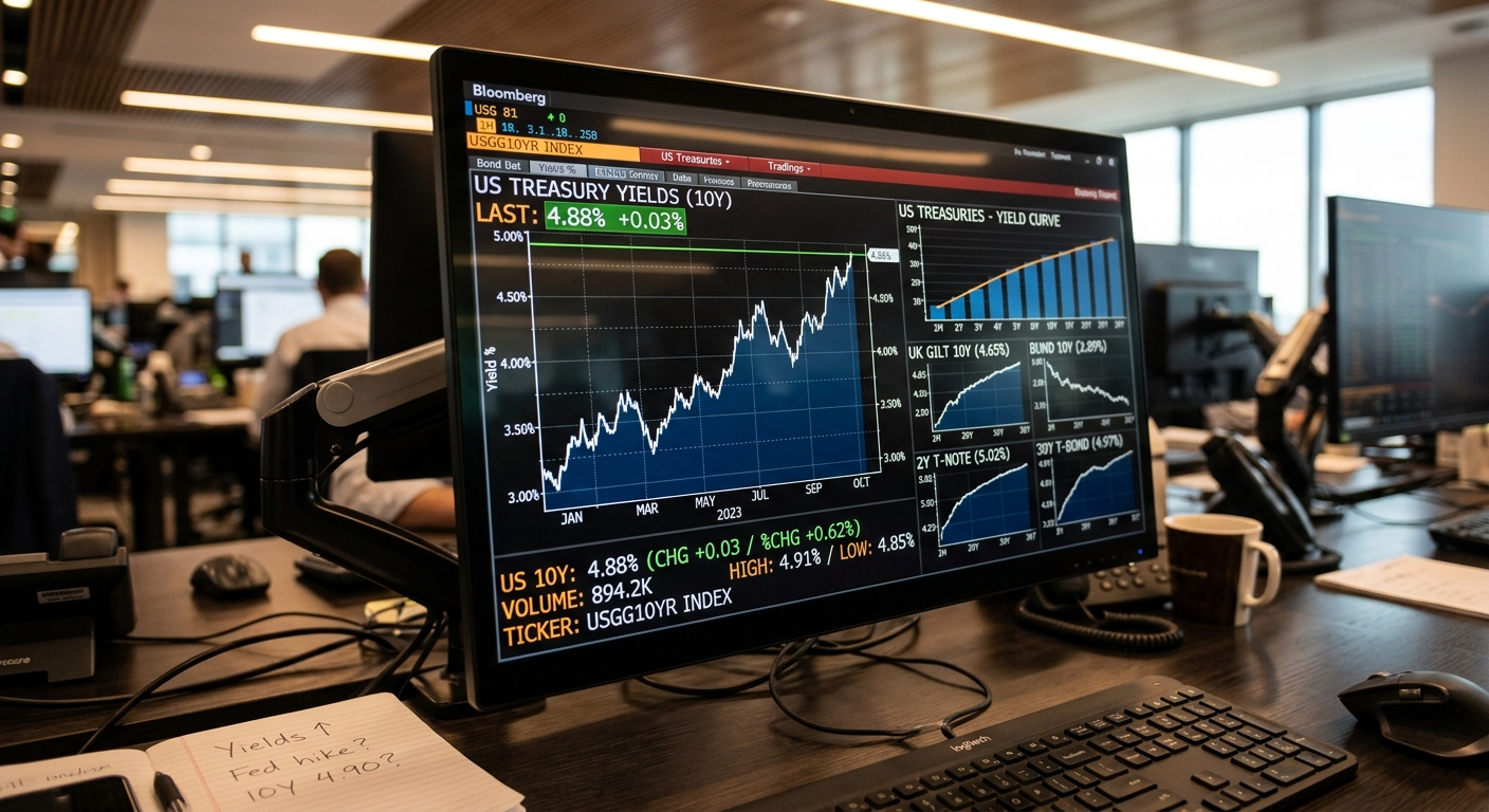 Close up of a financial terminal screen displaying bond yield charts and data trends, modern office lighting