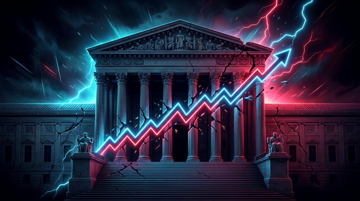 A neoclassical stone government building with a glowing, jagged financial trend line piercing through its columns against a dark background.