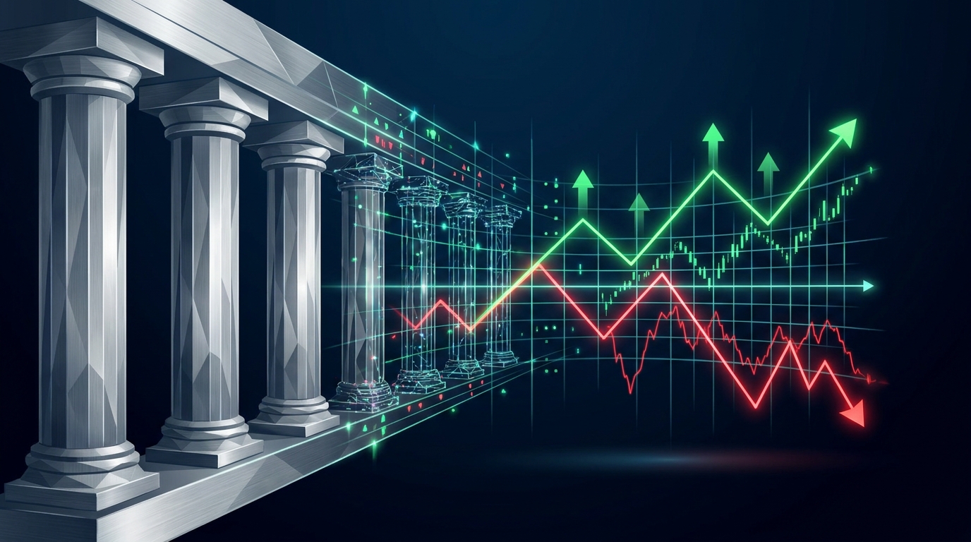 Digital illustration of classical central bank stone columns blending into a glowing stock market data grid with yield curves