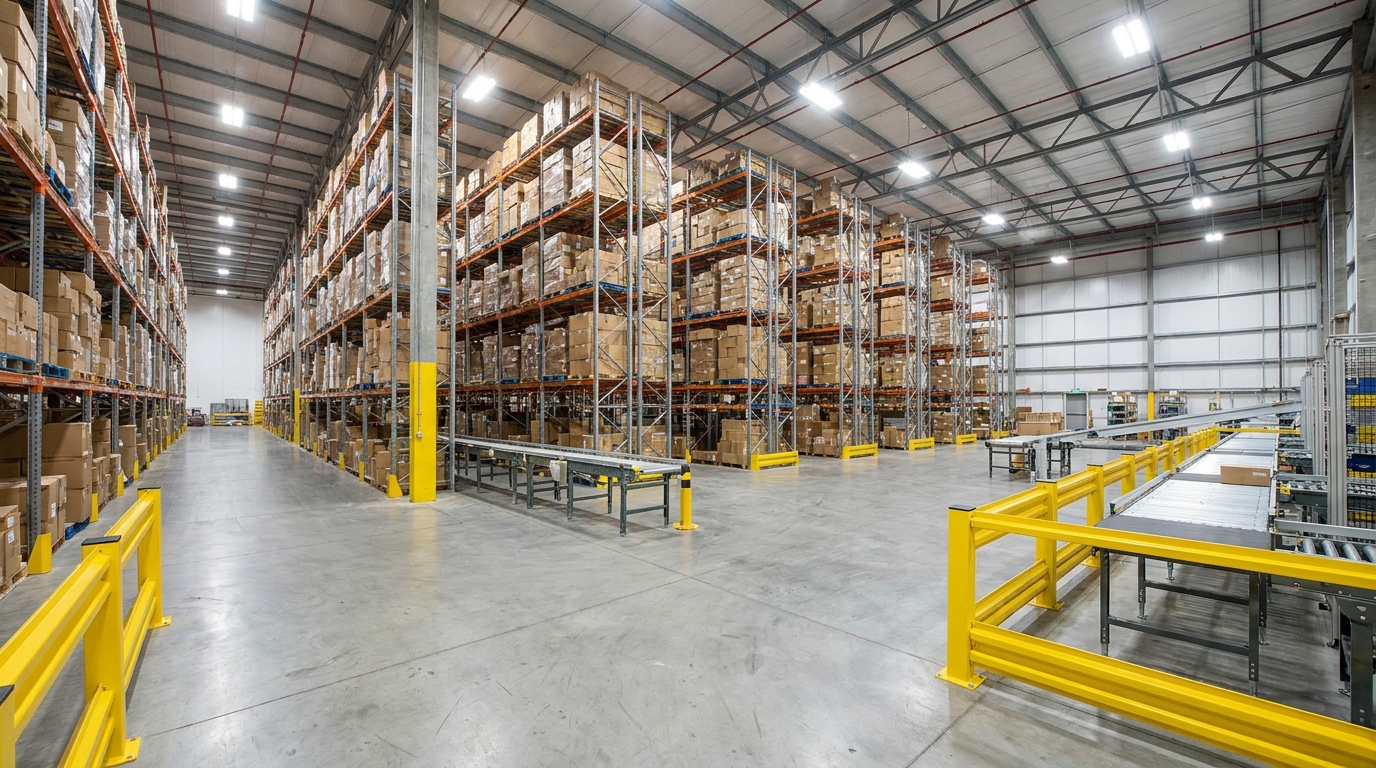 massive retail distribution warehouse interior with tall racks full of inventory boxes, wide angle, no...