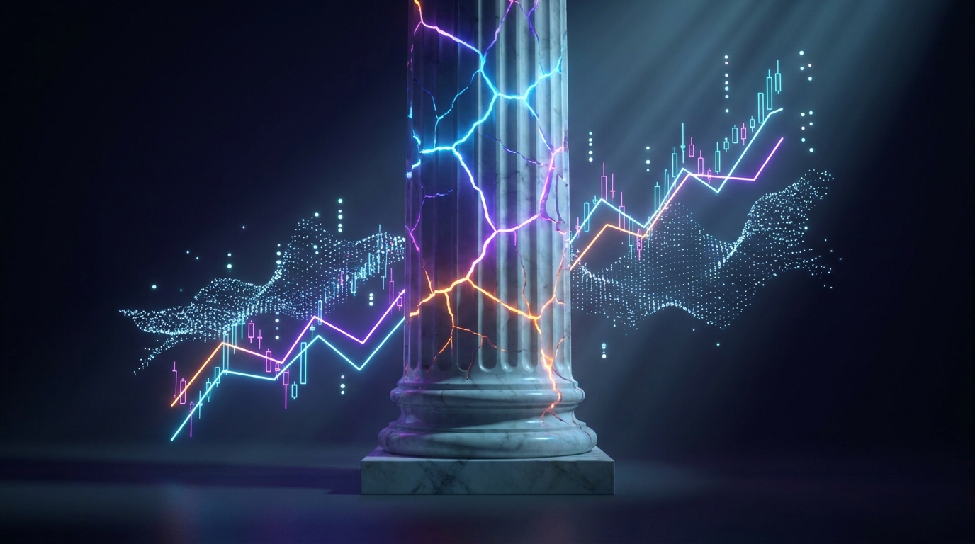 A fractured neoclassical marble column with glowing neon cracks, surrounded by abstract financial charts and data points.