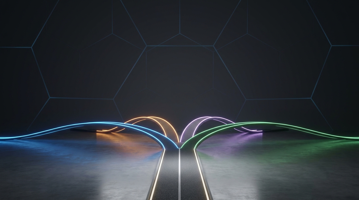 3D of four diverging glowing paths splitting from a single central road