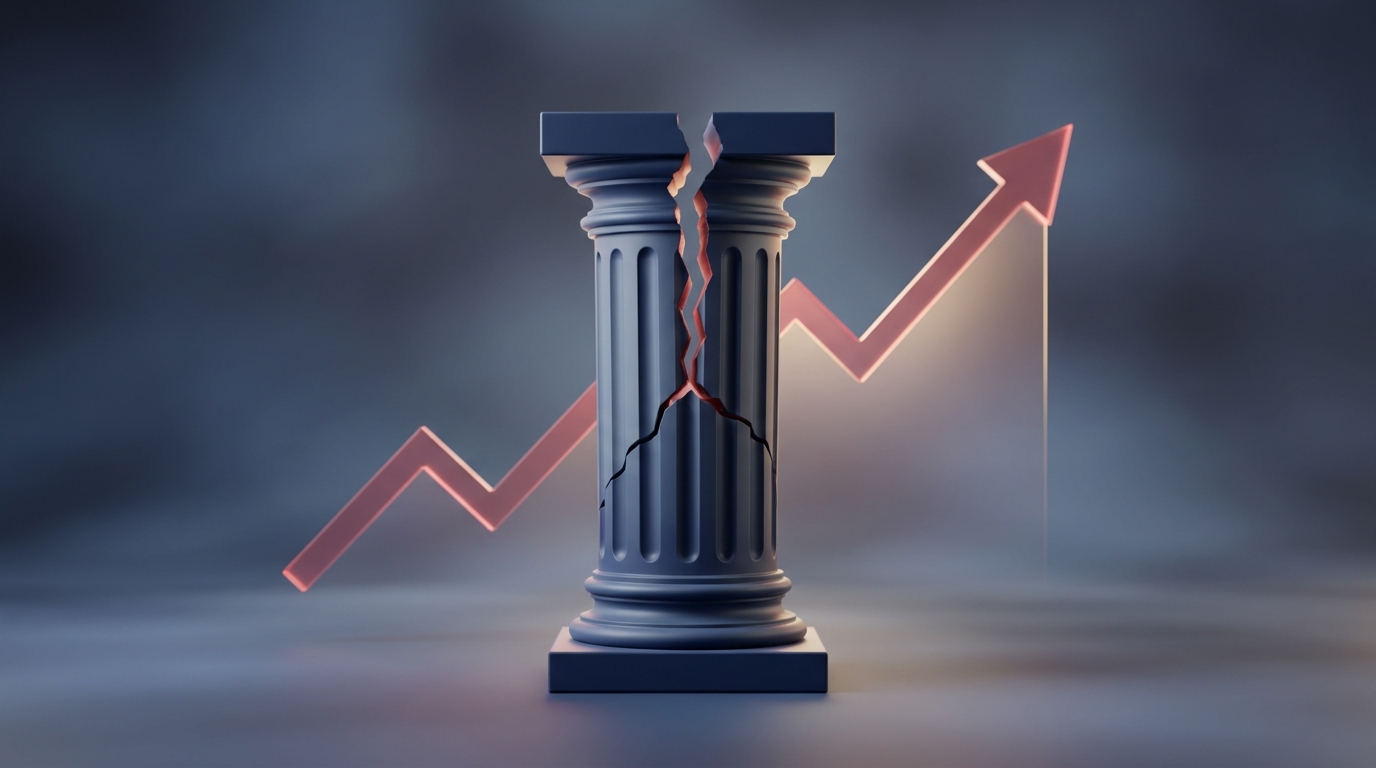 A 3D illustration of a fracturing stone column with an upward-trending financial graph in the background, representing economic shifts.