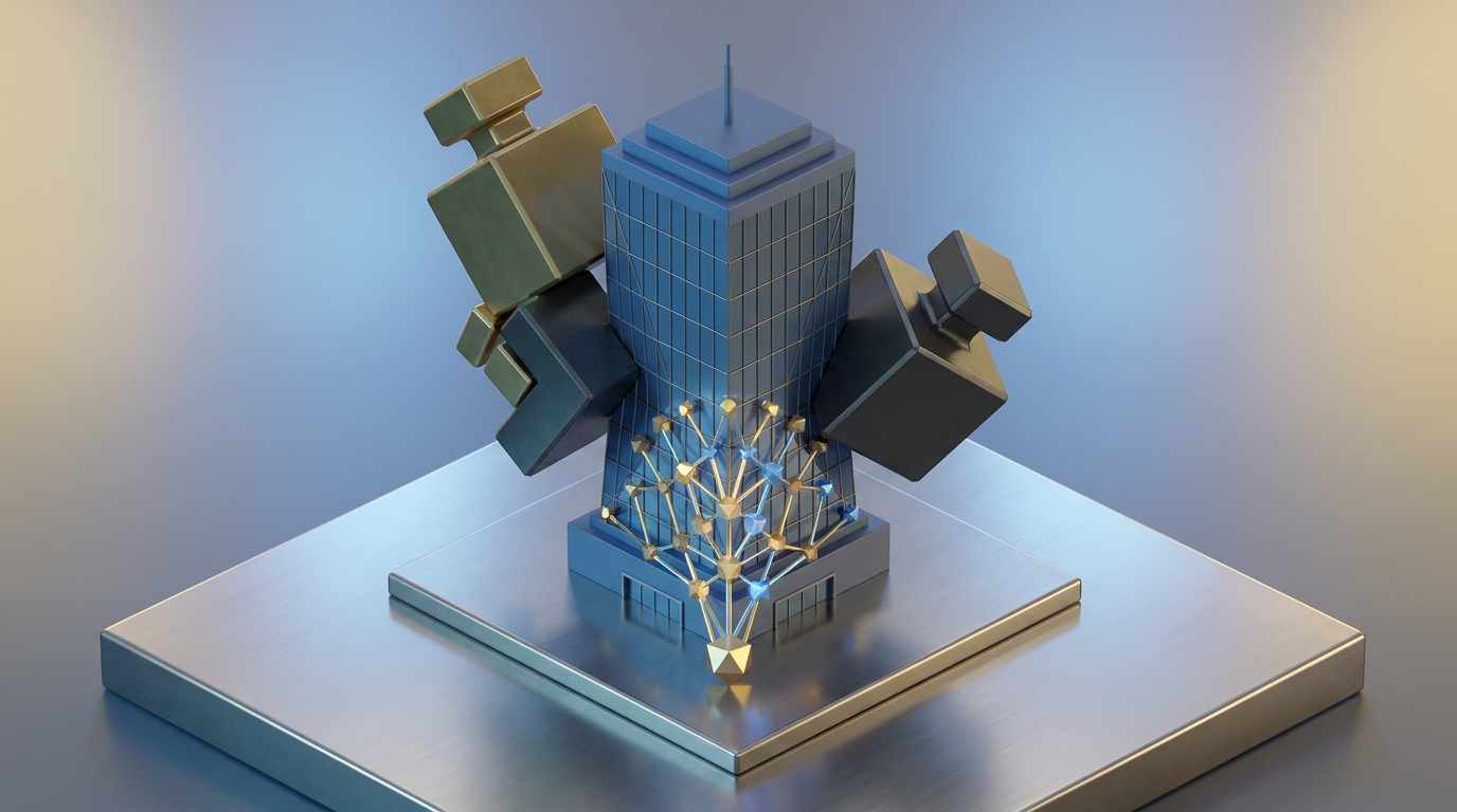 Abstract 3D illustration of a commercial skyscraper compressed by metallic blocks with a glowing network emerging from its base