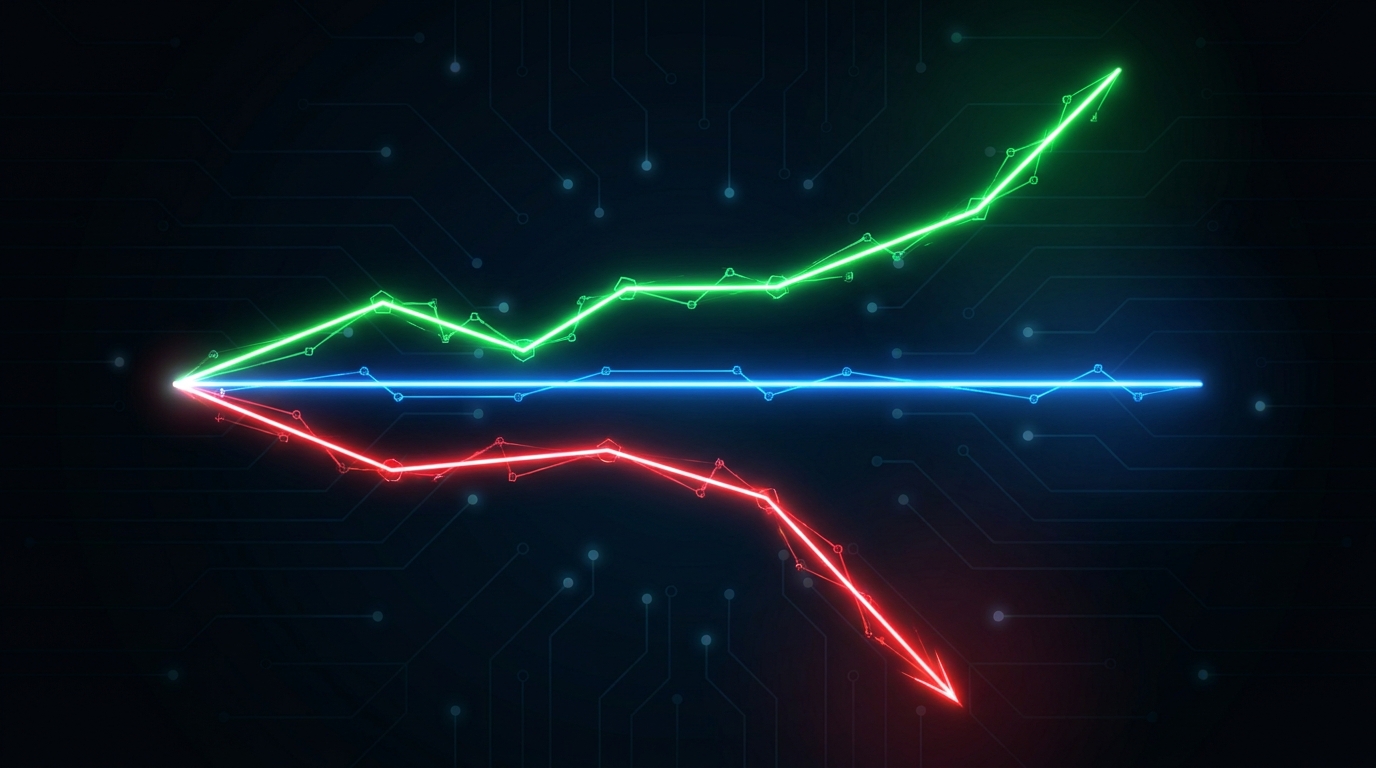 {'prompt': 'An abstract financial chart showing three diverging trend linesone steady, one rising, and one sharply...