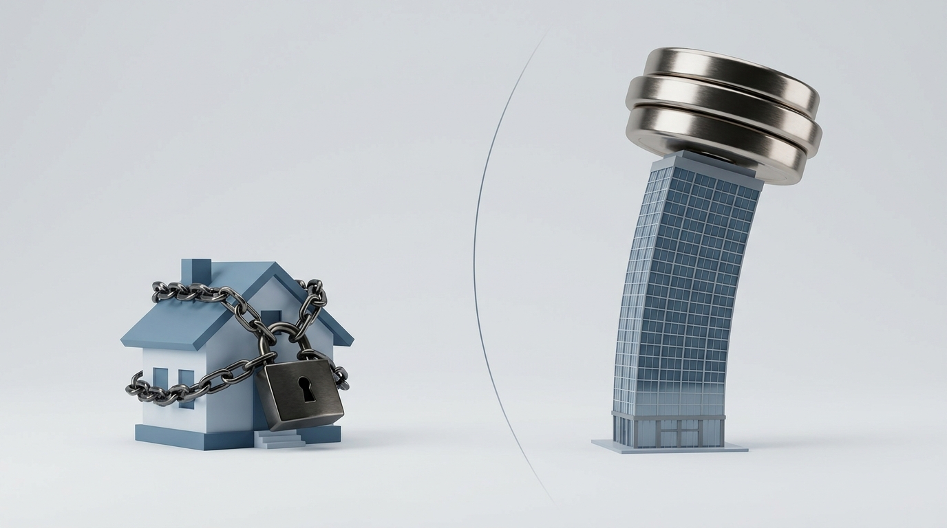 3D conceptual illustration showing a stark divergence: on the left, a