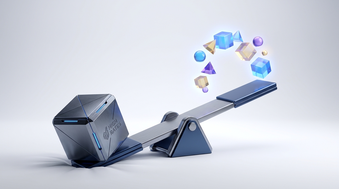 A clean, 3D rendering of a stylized seesaw on a soft white background.