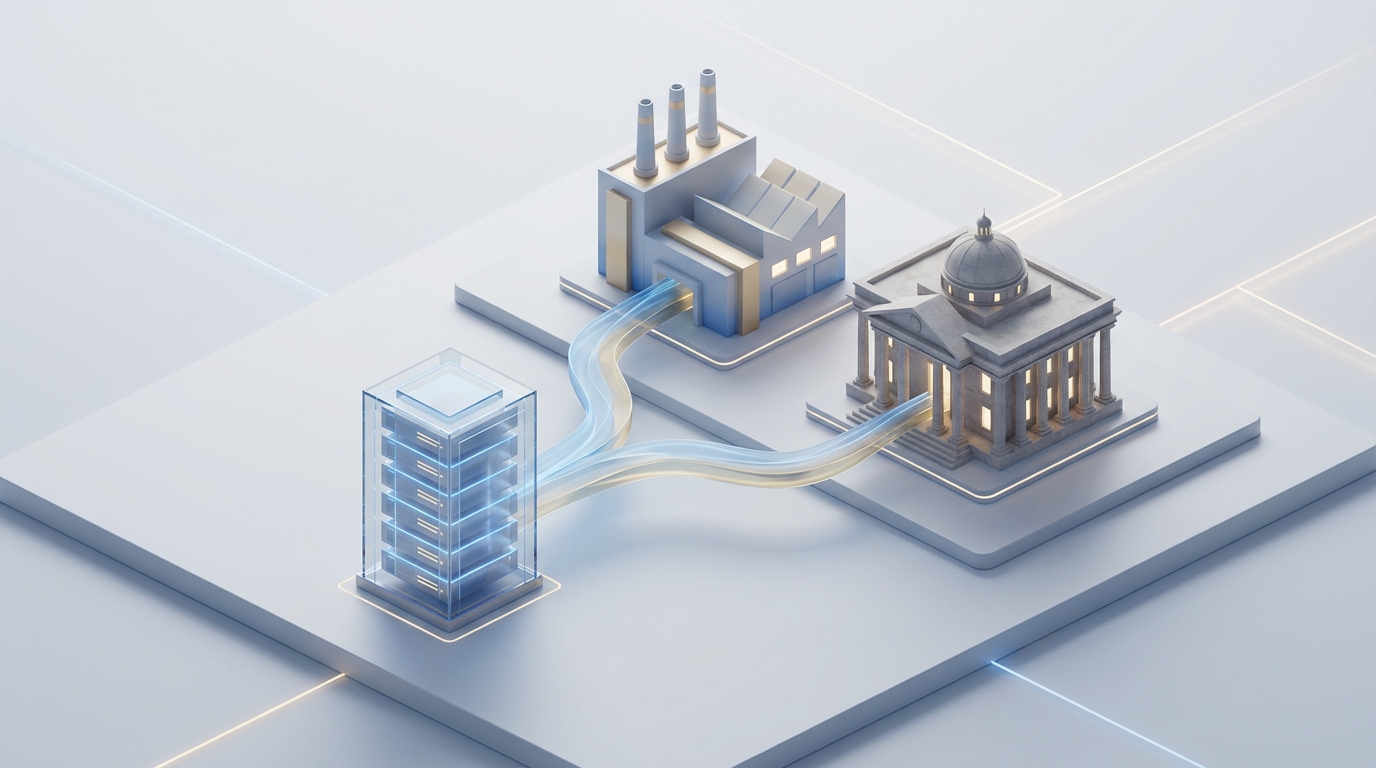 Isometric 3D illustration showing glowing, fluid energy streams flowing