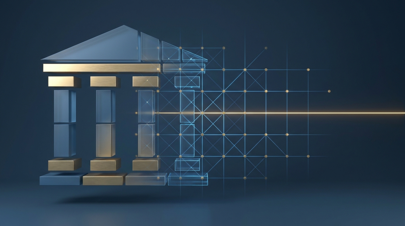 Abstract 3D illustration of a central bank building merging with a flat digital stock market grid in corporate blue and gold