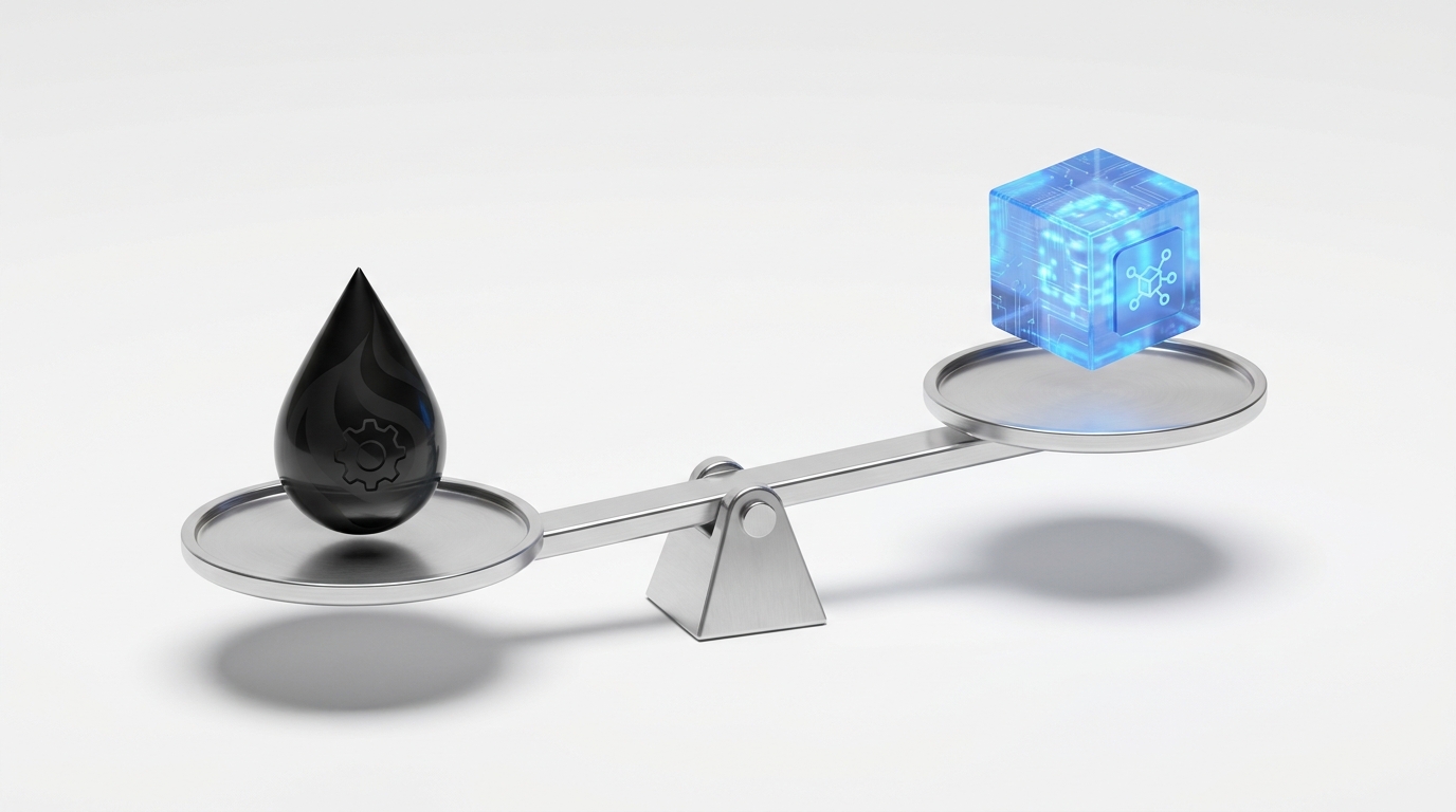 3D conceptual illustration of a sleek metallic balancing scale. On one