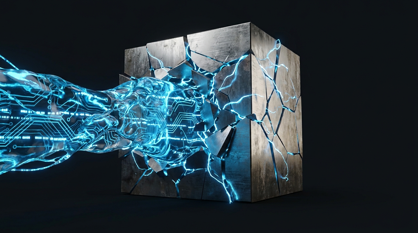 A glowing blue digital network fracturing a solid metallic block in a dark environment.
