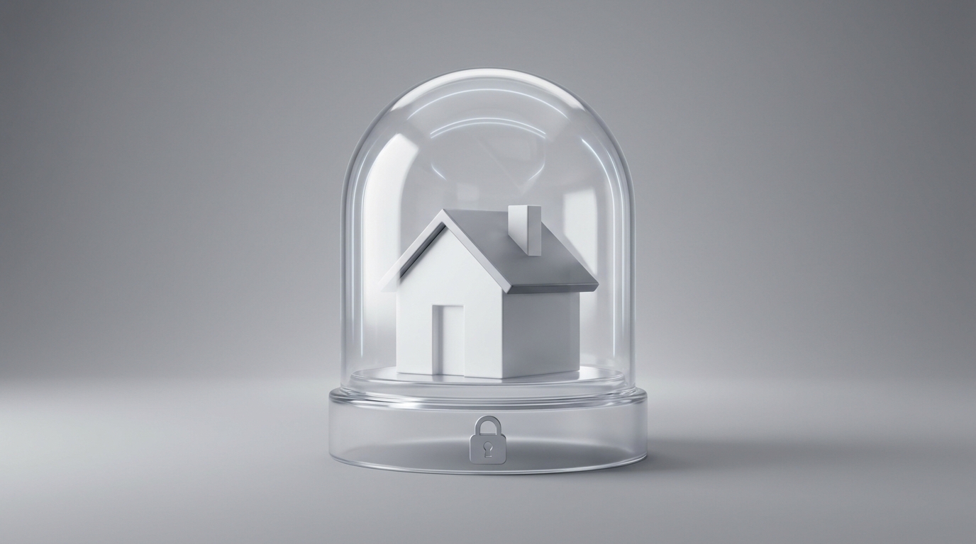A conceptual, 3D illustration of a classic suburban house enclosed