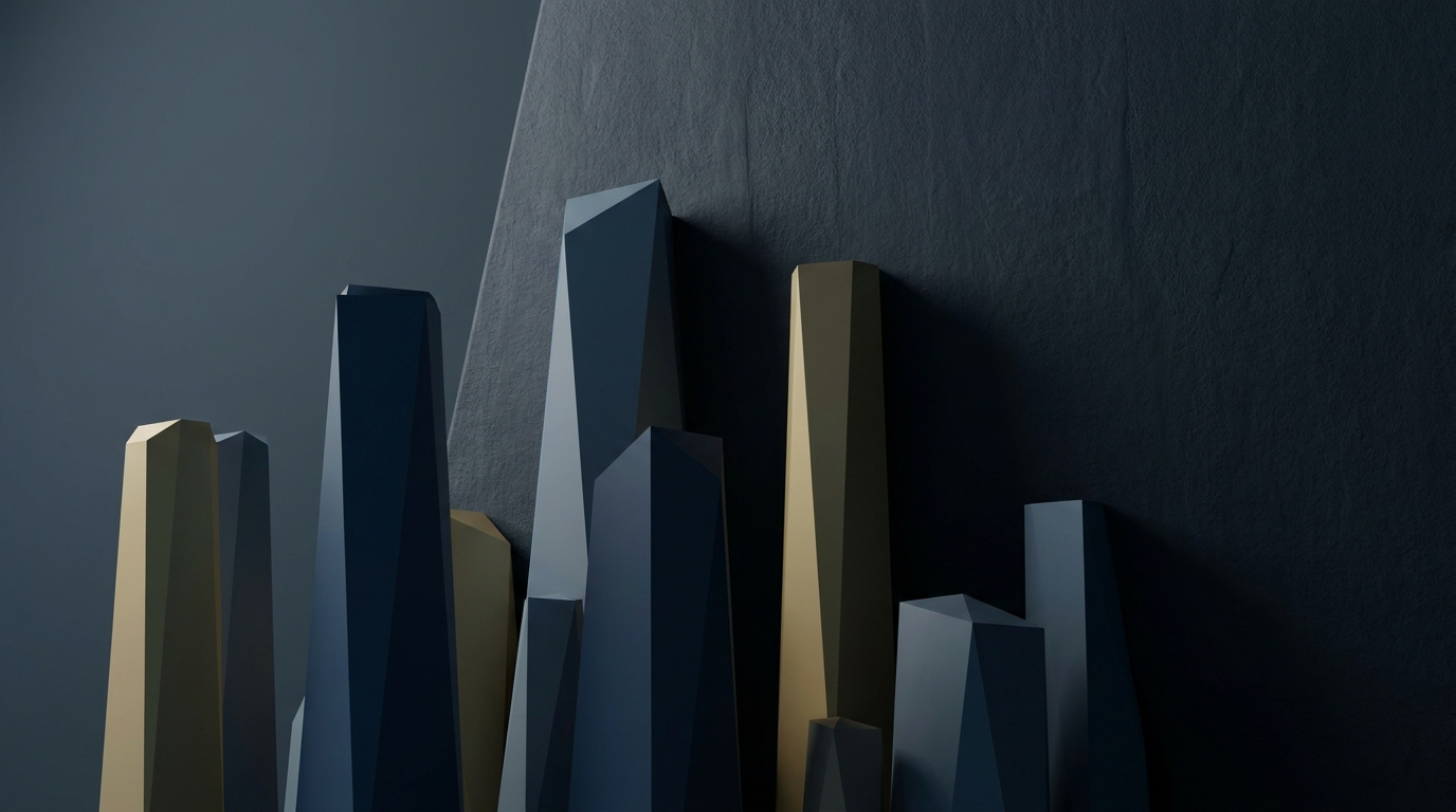Abstract 3D illustration of modern commercial skyscrapers standing before a massive dark monolithic wall