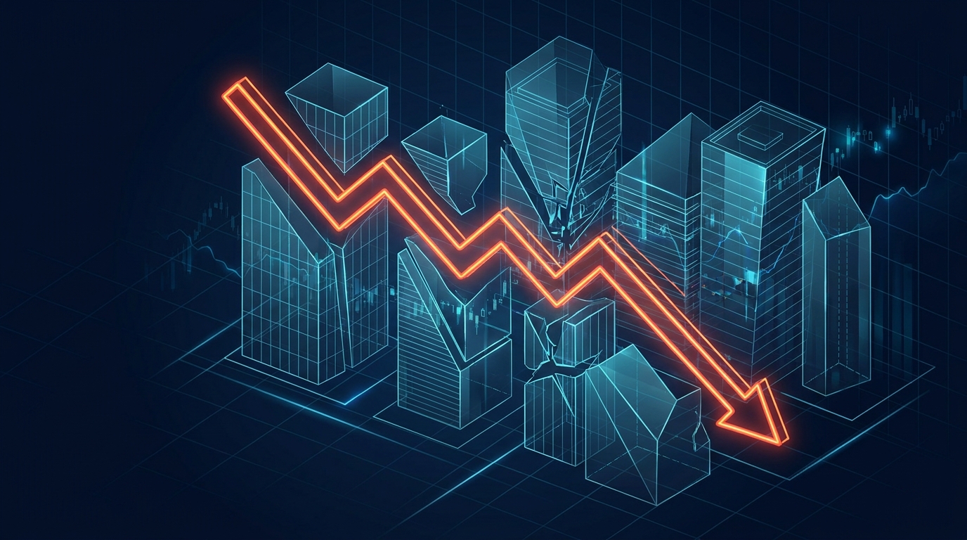 A sleek, modern conceptual illustration of commercial real estate market decline. Abstract geometric glass...