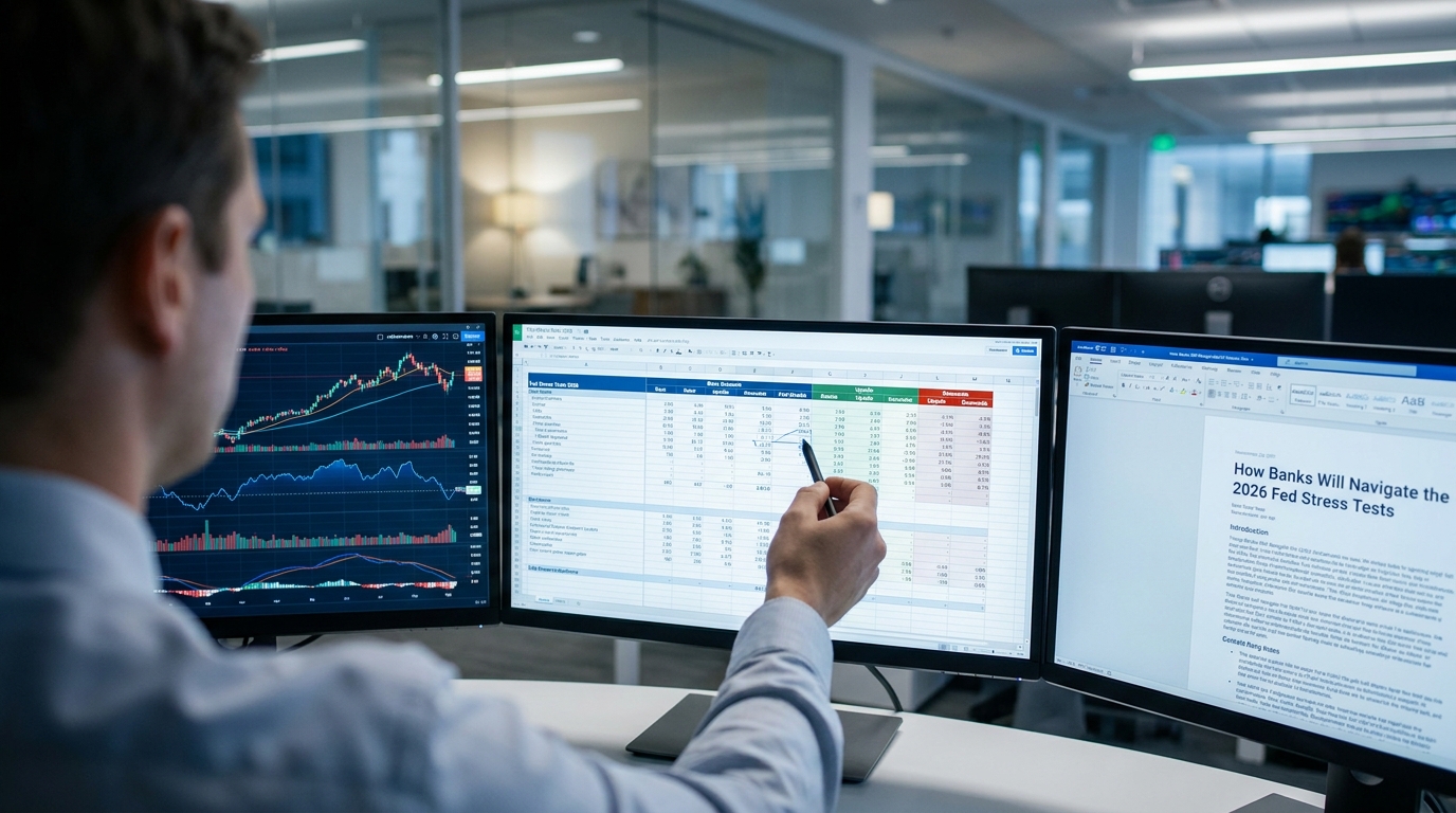 Financial risk analyst reviewing multiple monitors with financial charts and data, over-the-shoulder shot...