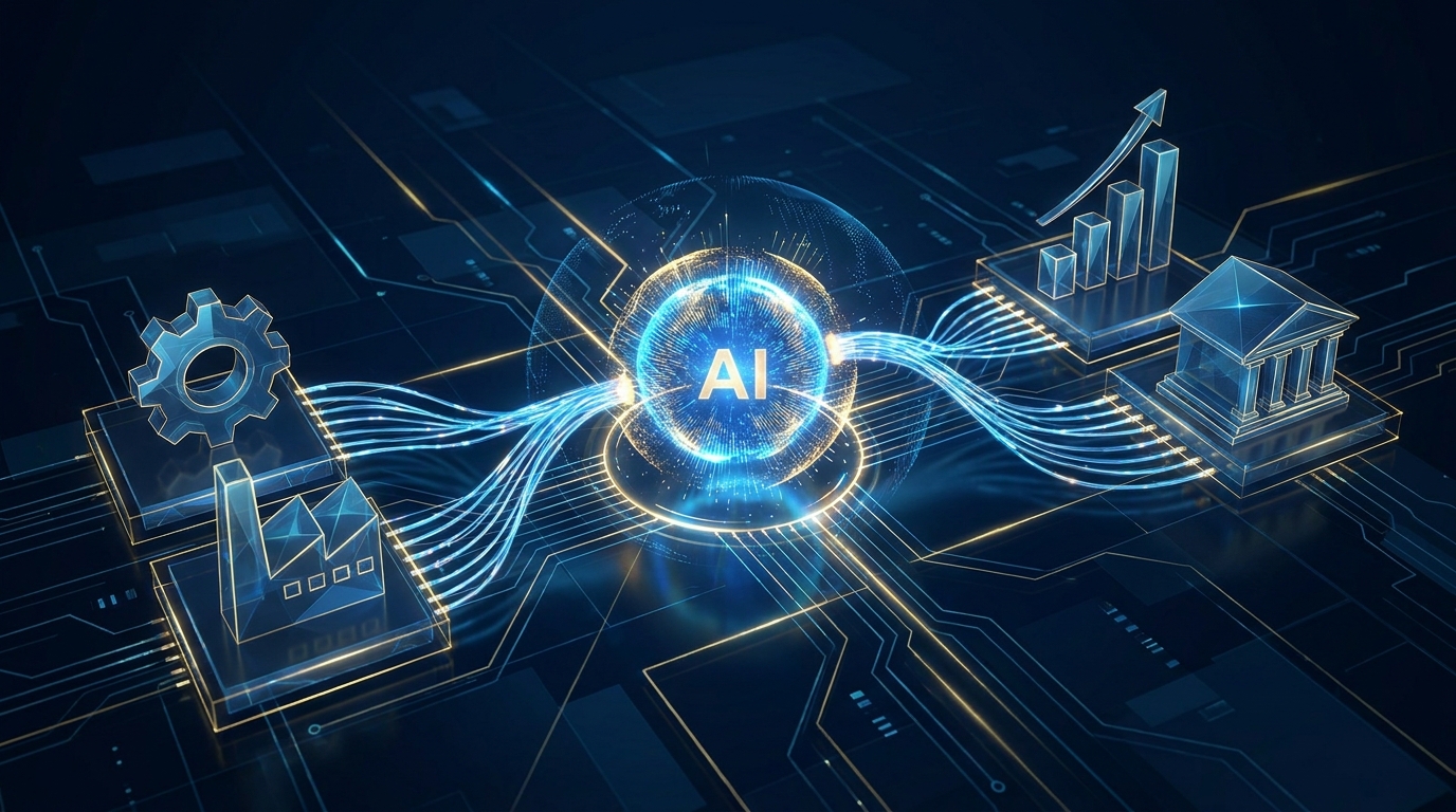 Abstract representation of artificial intelligence powering traditional industries, featuring a glowing...