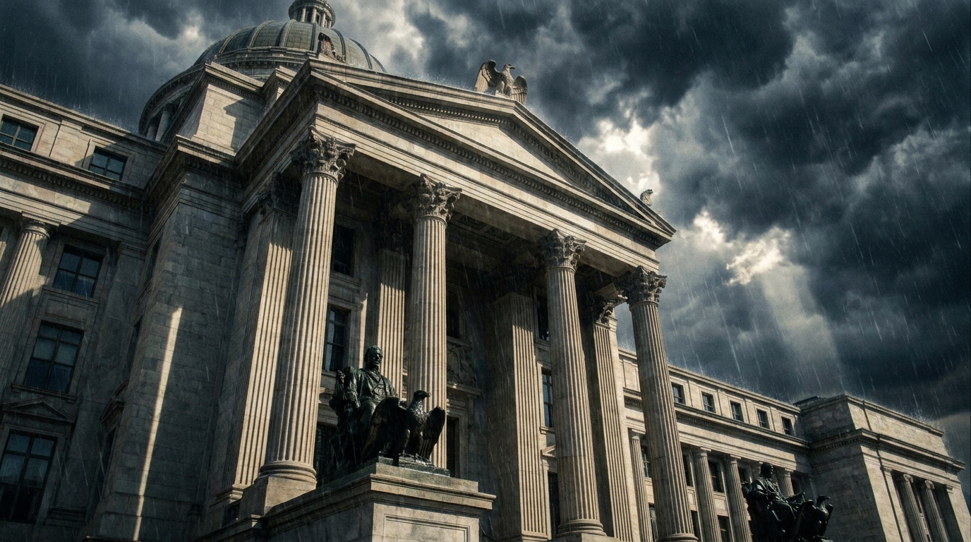 A low-angle view of a neoclassical government building resembling the Federal Reserve under dark storm clouds.
