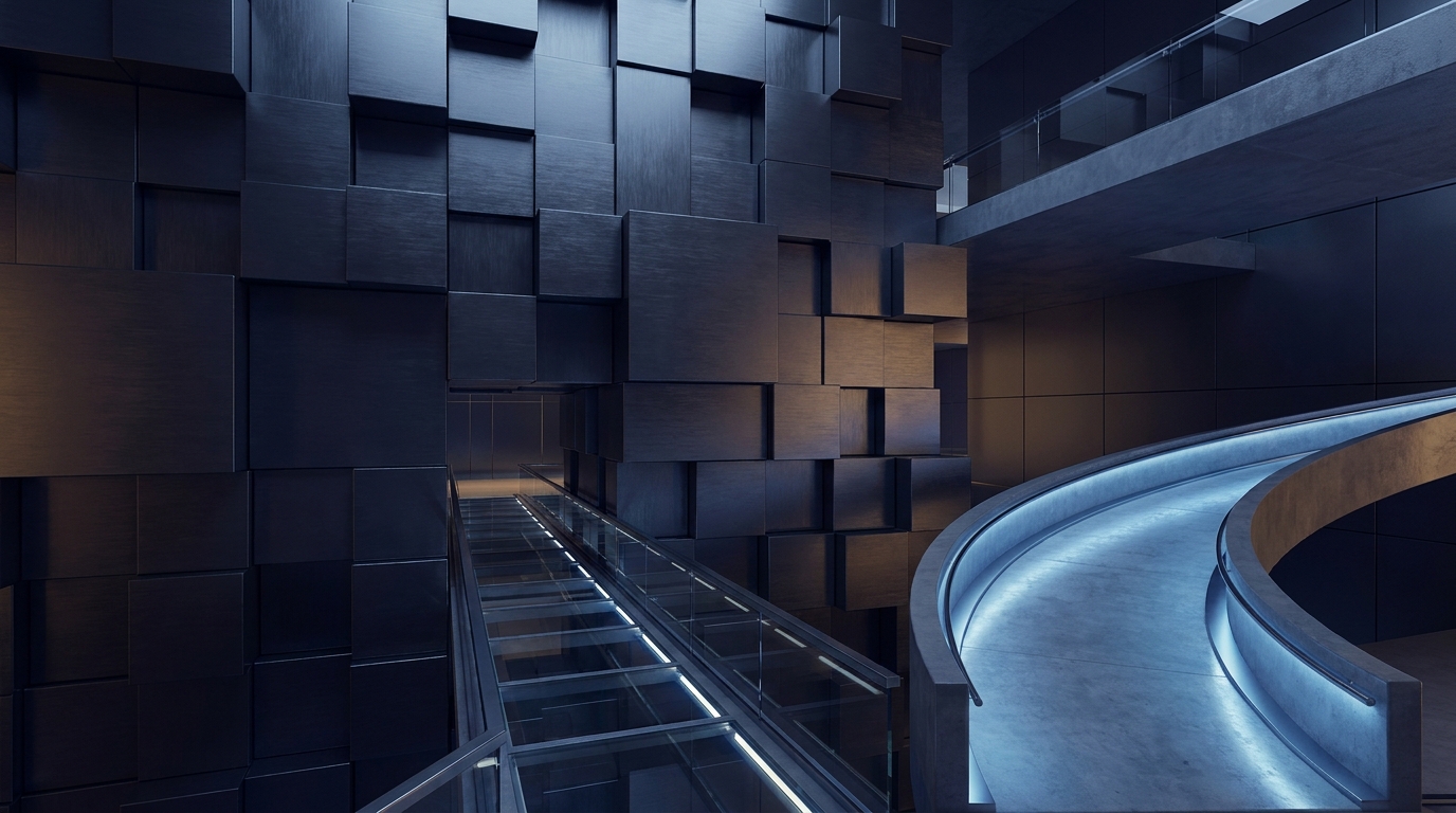 Abstract 3D visualization of a dark metallic wall blocking a narrow financial pathway with an unobstructed path alongside it
