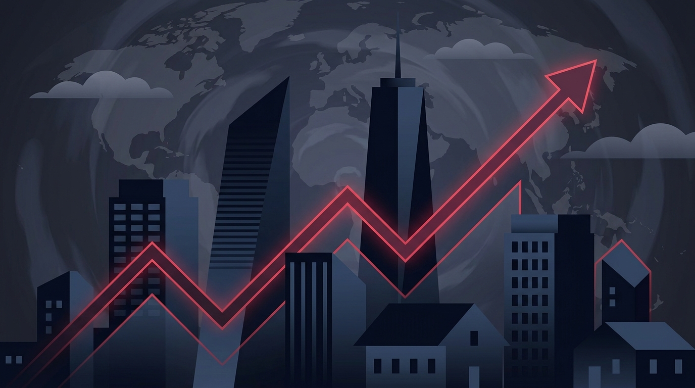 A steep, rising financial line chart overlaid on abstract silhouettes of commercial and residential buildings against a dark atmospheric background.