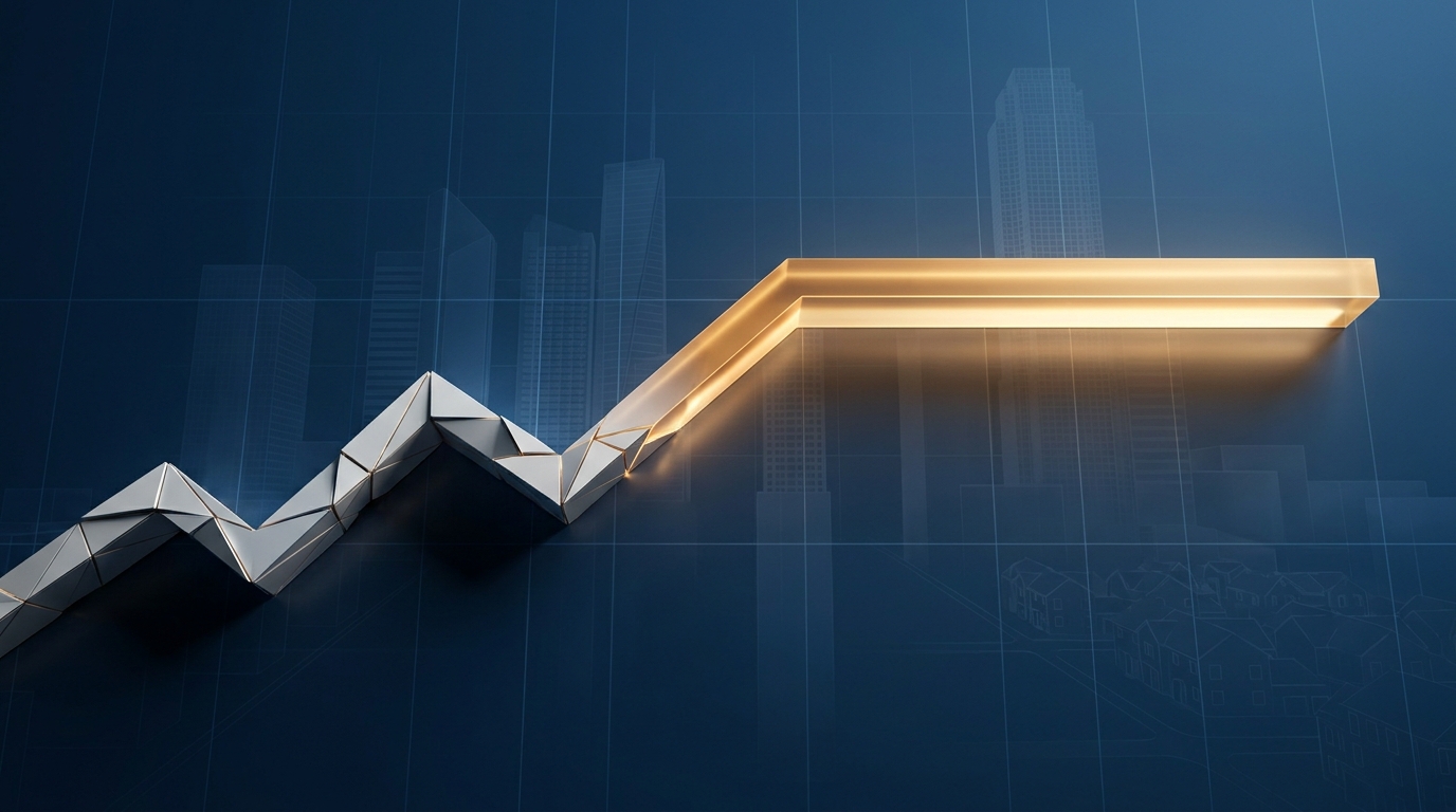 Abstract 3D illustration of a volatile financial trend line flattening into a stable plateau over a dark blue architectural grid.