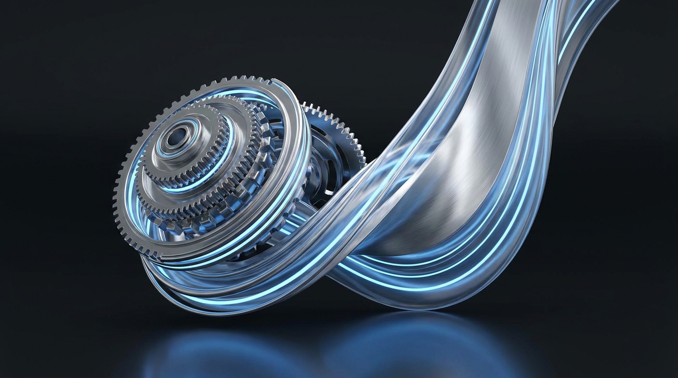 Abstract metallic mechanical engine merging with an upward-trending financial wave illuminated by neon blue lighting.