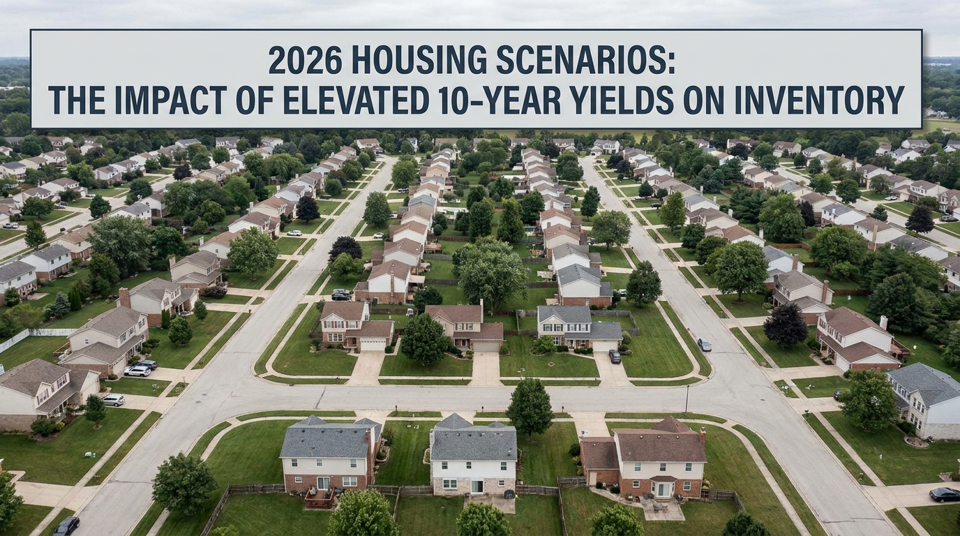 Aerial view of a quiet suburban housing neighborhood with very few cars or activity, representing low housing...