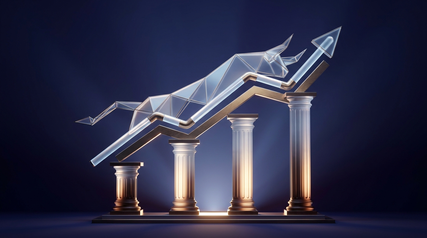 Abstract 3D illustration of an upward-trending glass financial chart supported by architectural pillars representing government policy.