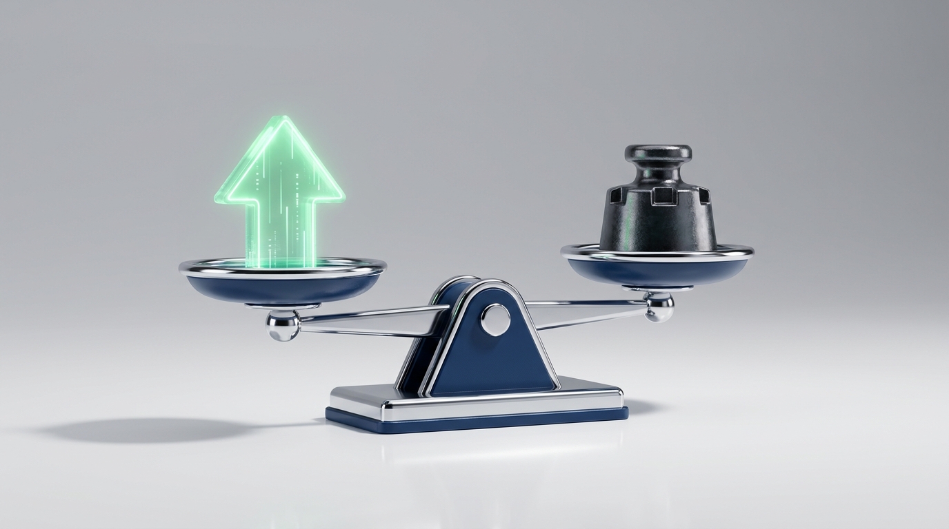 {'prompt': 'A sleek, modern 3D conceptual illustration showing a balancing scale. On one side, a glowing upward green...