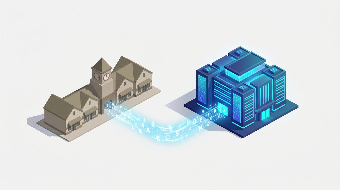Isometric 3D illustration of a subdued retail center and a glowing modern data center connected by a bright stream of digital data representing capital flow.
