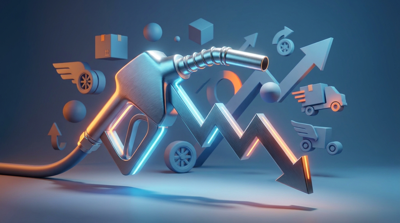 Abstract 3D rendering of a gas pump nozzle morphing into a downward financial chart line against a backdrop of delivery packages