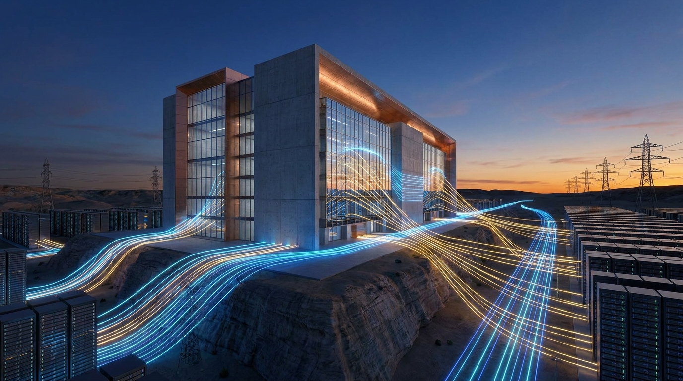 A modern data center facility at dusk with glowing blue and gold lines representing data streams and electrical grid power