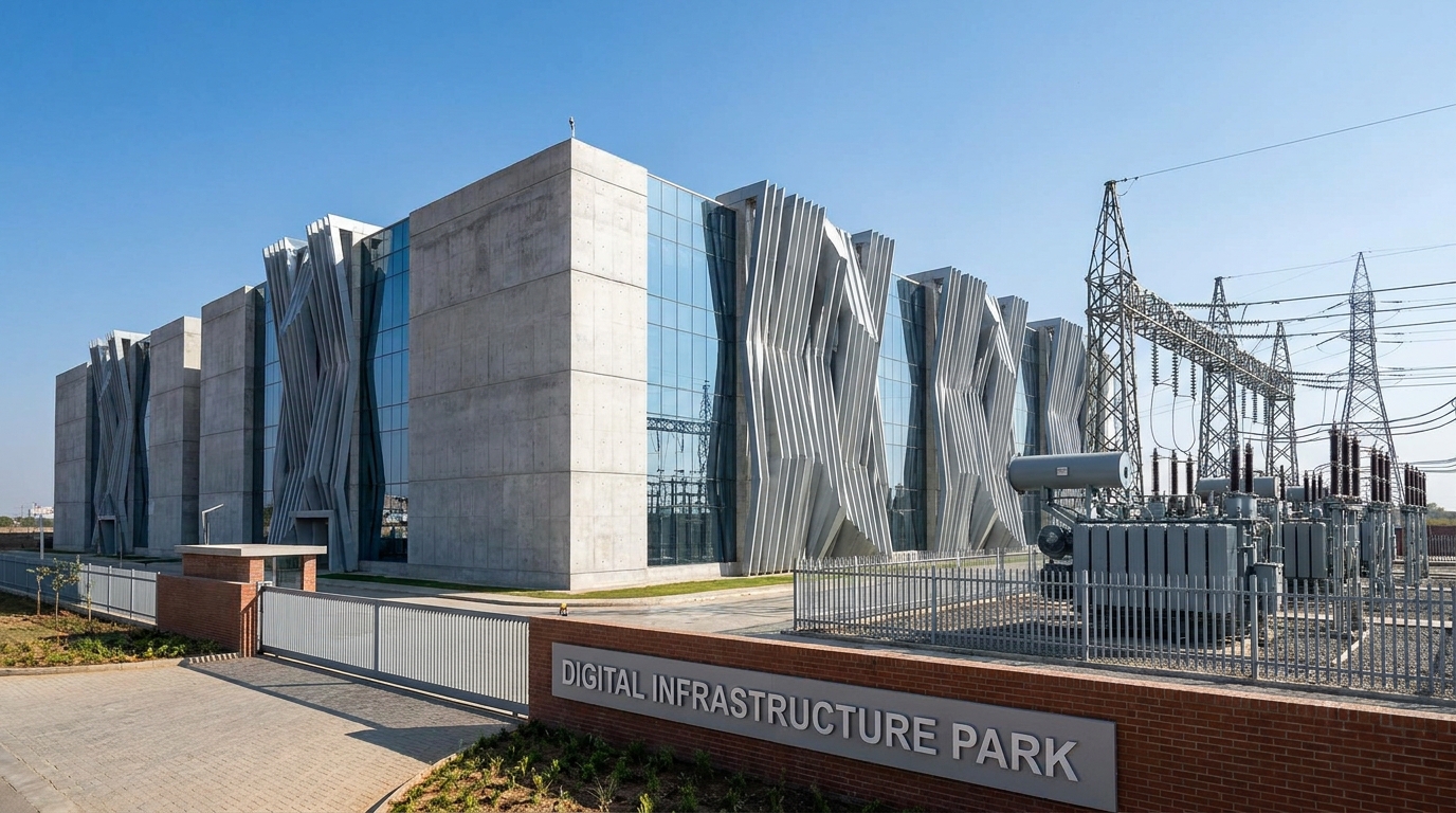 Modern data center building exterior with large electrical power substation commercial real estate