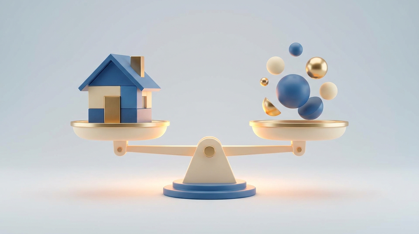 A modern balance scale perfectly balancing a stylized house and abstract spheres against a blue and gold background