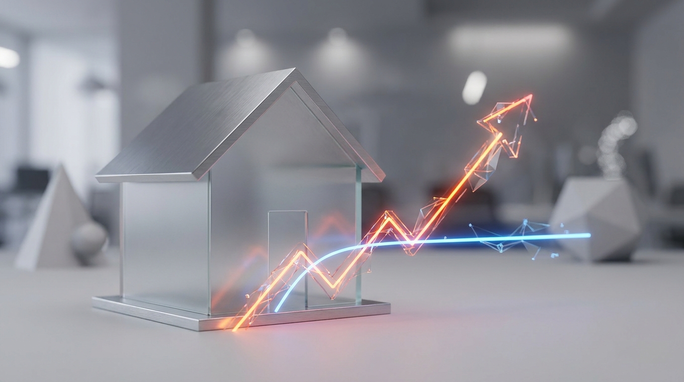 Abstract 3D financial visualization showing two distinct trend lines: one sharply rising in warm colors...