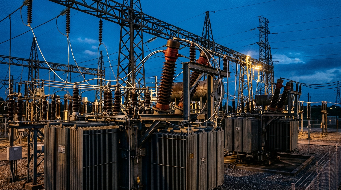 High-voltage electrical substation transformers and steel grid infrastructure during twilight.