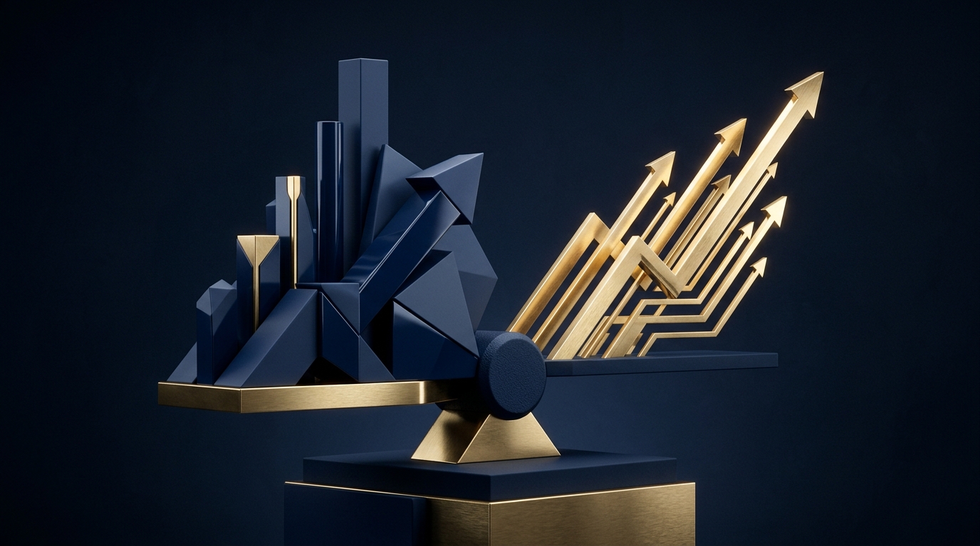 Abstract 3D geometric shapes in navy and brushed gold symbolizing macroeconomic balance between bond yields and corporate earnings