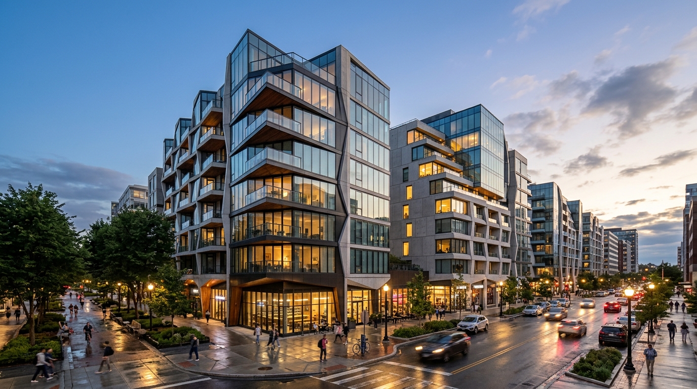 Modern mid-rise apartment complex exterior at twilight with glowing interior windows and glass facades