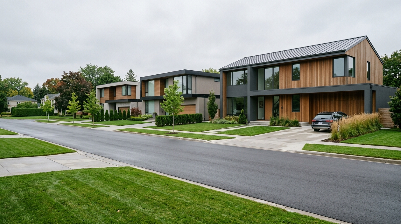 Rows of newly constructed modern suburban homes on an empty street under an overcast sky.