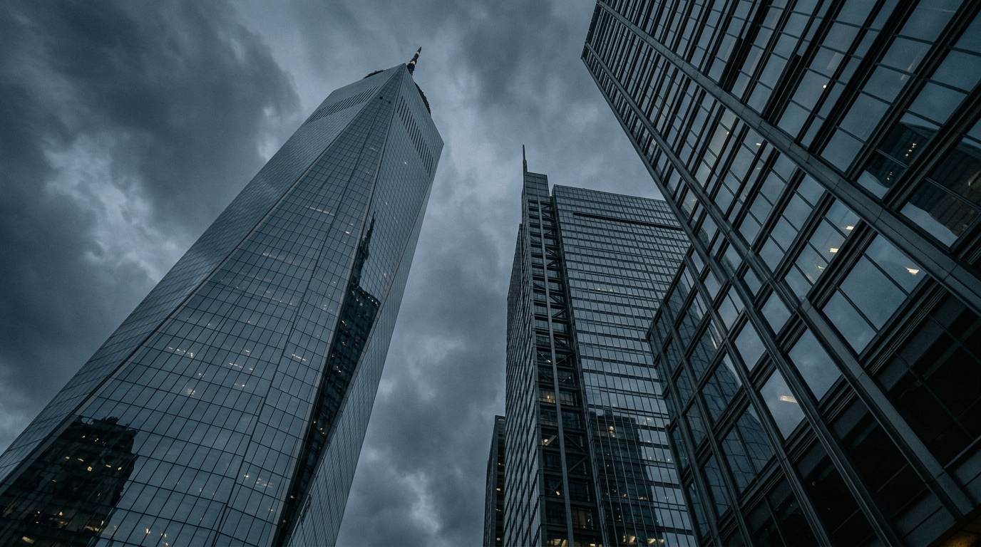 Low-angle view of modern glass and steel commercial office skyscrapers against an overcast twilight sky.