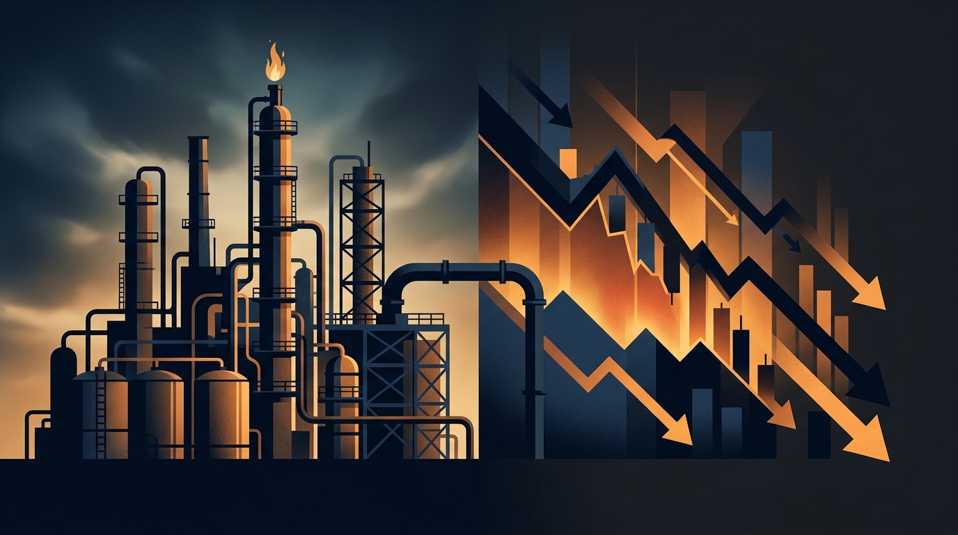 Minimalist illustration depicting an industrial oil refinery alongside declining financial chart lines and valuation graphics.