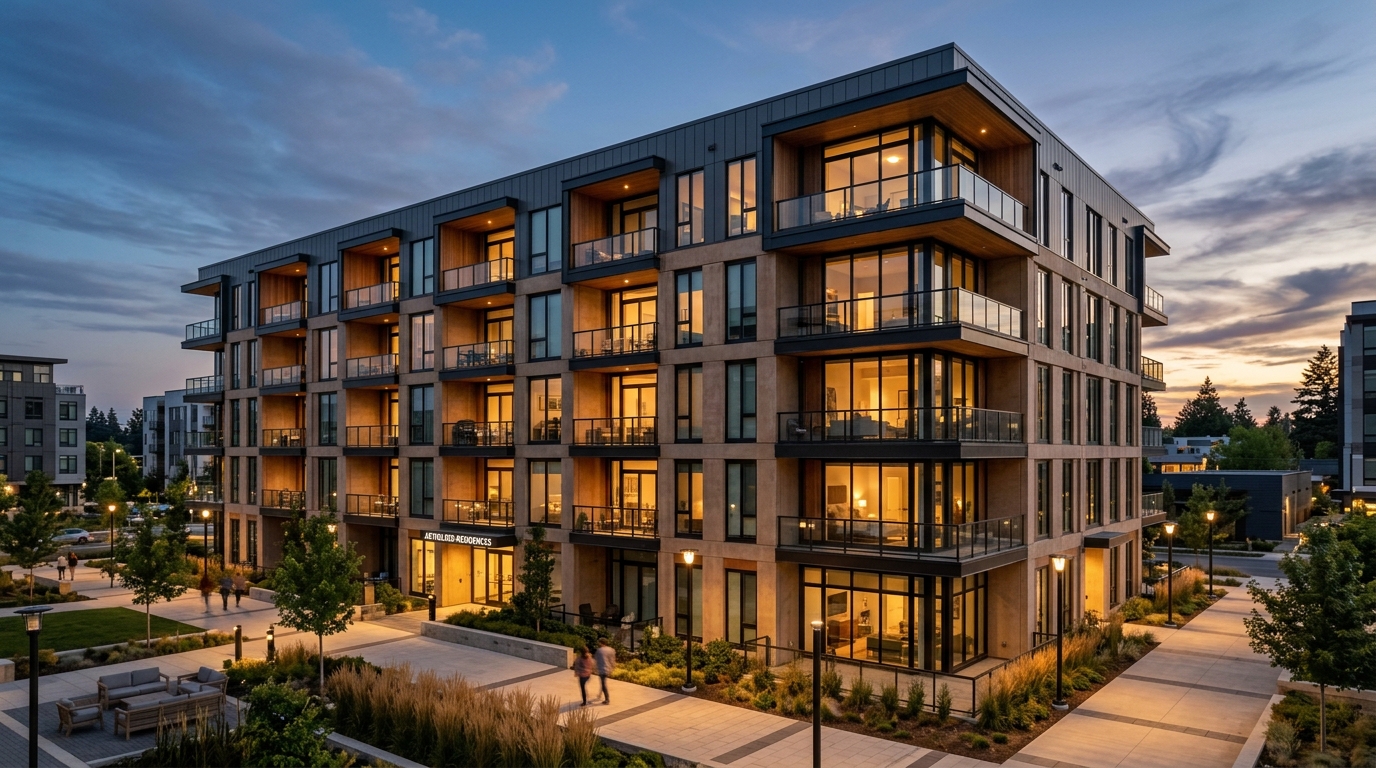 Exterior view of modern mid-rise apartment buildings at dusk with lit windows and contemporary architecture.
