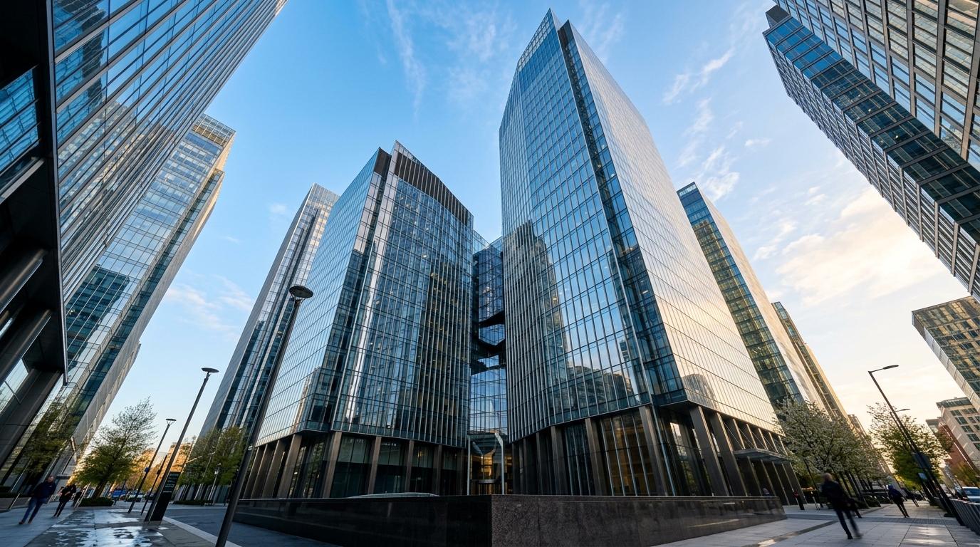 Low-angle view of modern glass and steel commercial skyscrapers against a clear morning sky