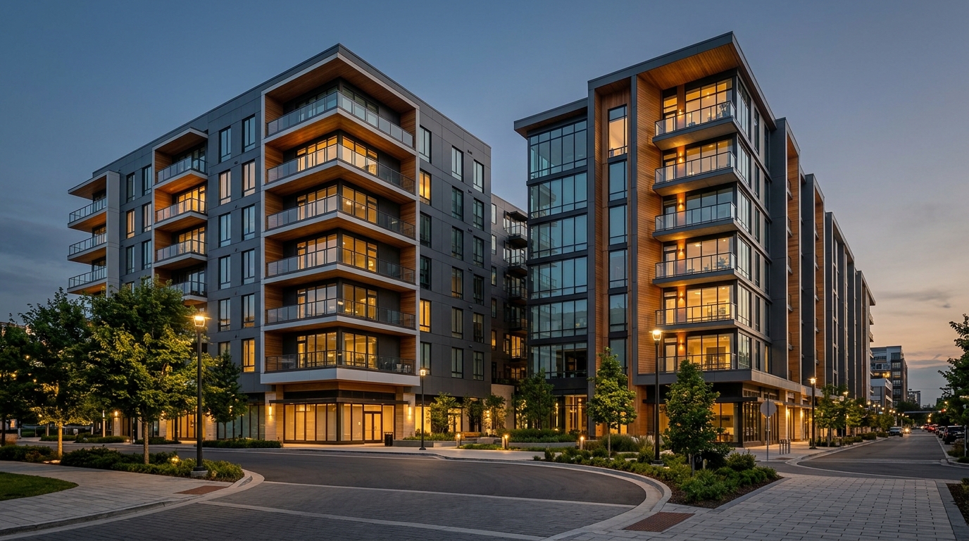 Exterior view of modern mid-rise urban multifamily apartment buildings at dusk with lit balconies