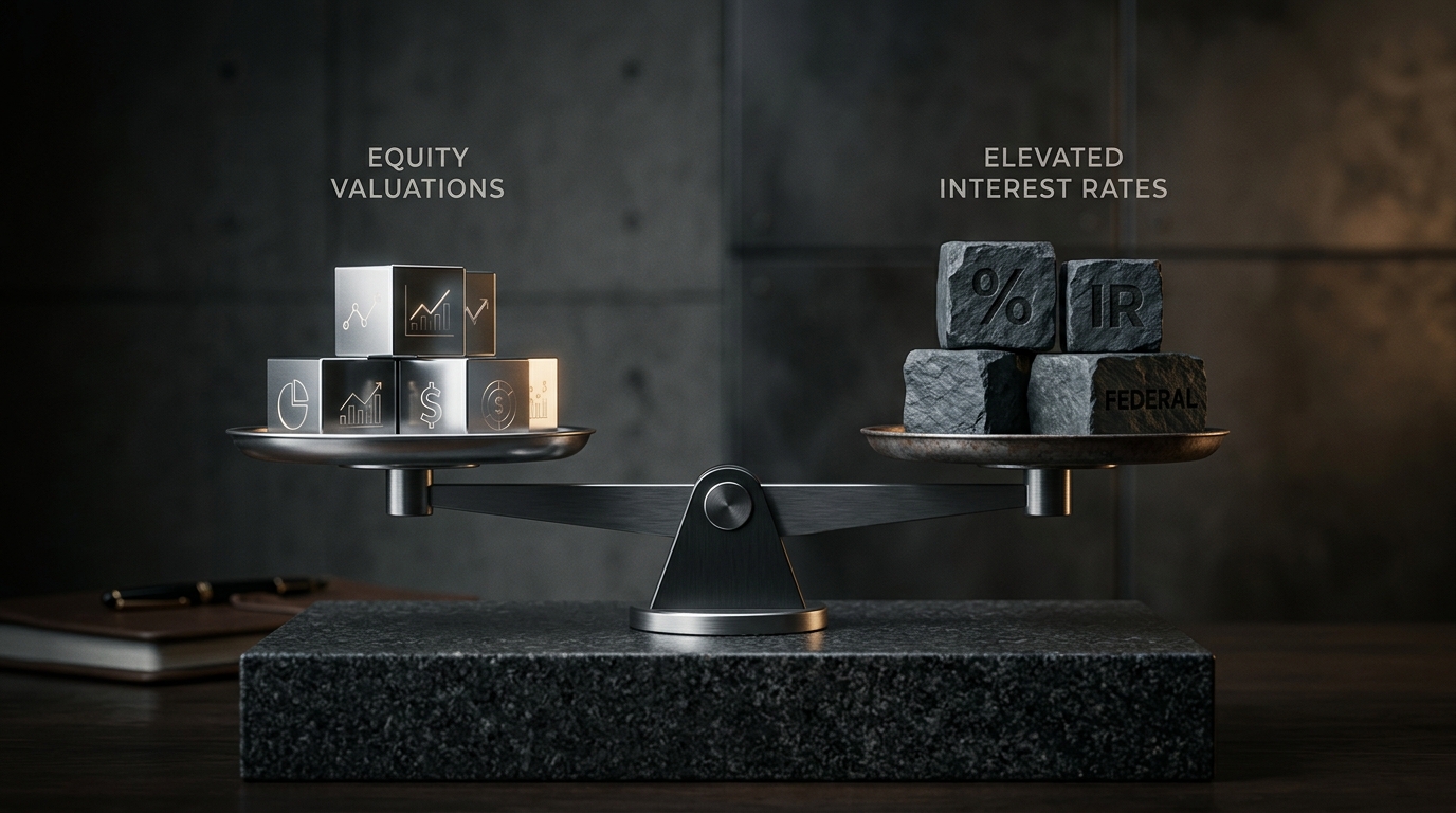 Minimalist brass balance scales set on a dark granite pedestal with polished metallic cubes balancing against heavy stone blocks.