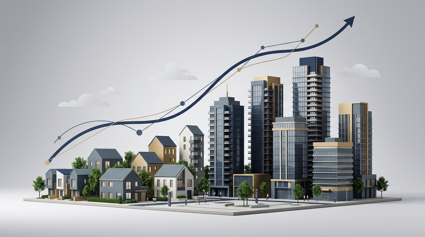 3D render of residential houses and commercial office towers beneath an ascending financial curve.